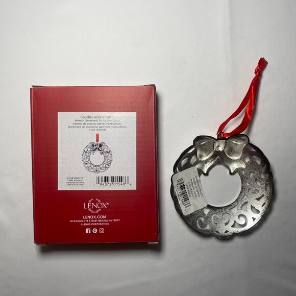 Lenox Sparkle and Scroll Wreath Ornament Multicolor Gems Silver 893113 NIP - Picture 2 of 4